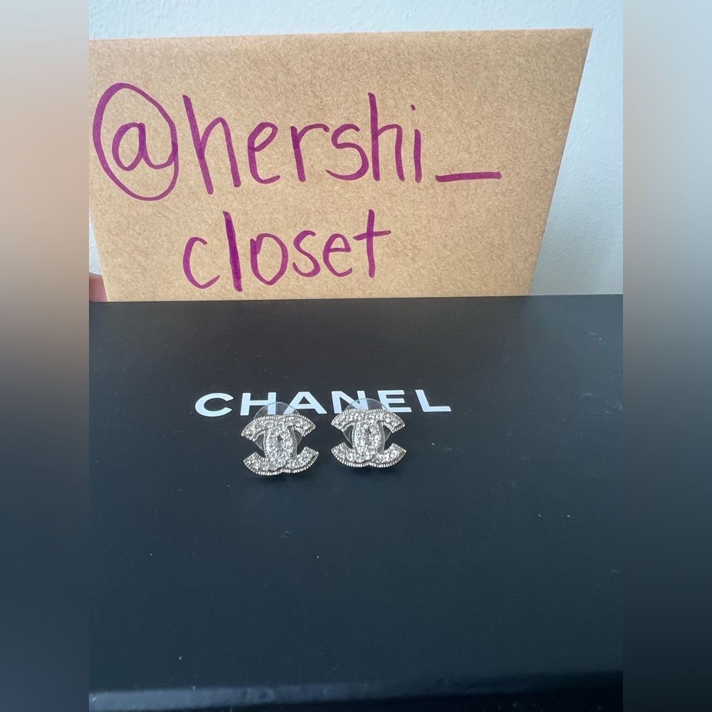 Authentic Chanel Crystal CC Earrings Silver Rhinestone Stamped